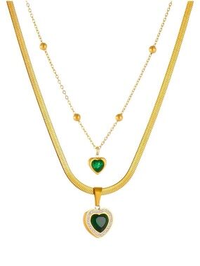 Emerald Green Layered Heart 18K Gold Plated Pendant Stainless Steel Necklace